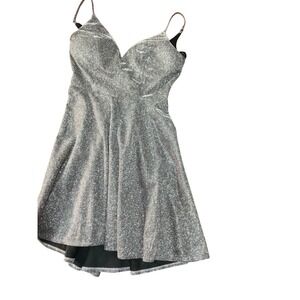 J. DARLIN Silver Glitter V-Neck High-Low Cocktail Dress TE45R248 Size 5/6